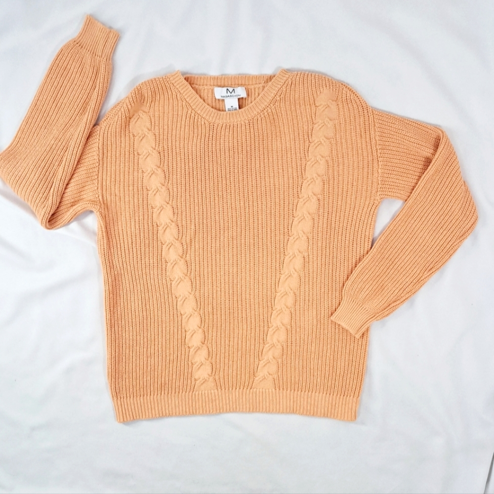 Magaschoni Orange Pumpkin Sweater Cable Knit Long Cotton Pullover Crew Neck M - Picture 5 of 16